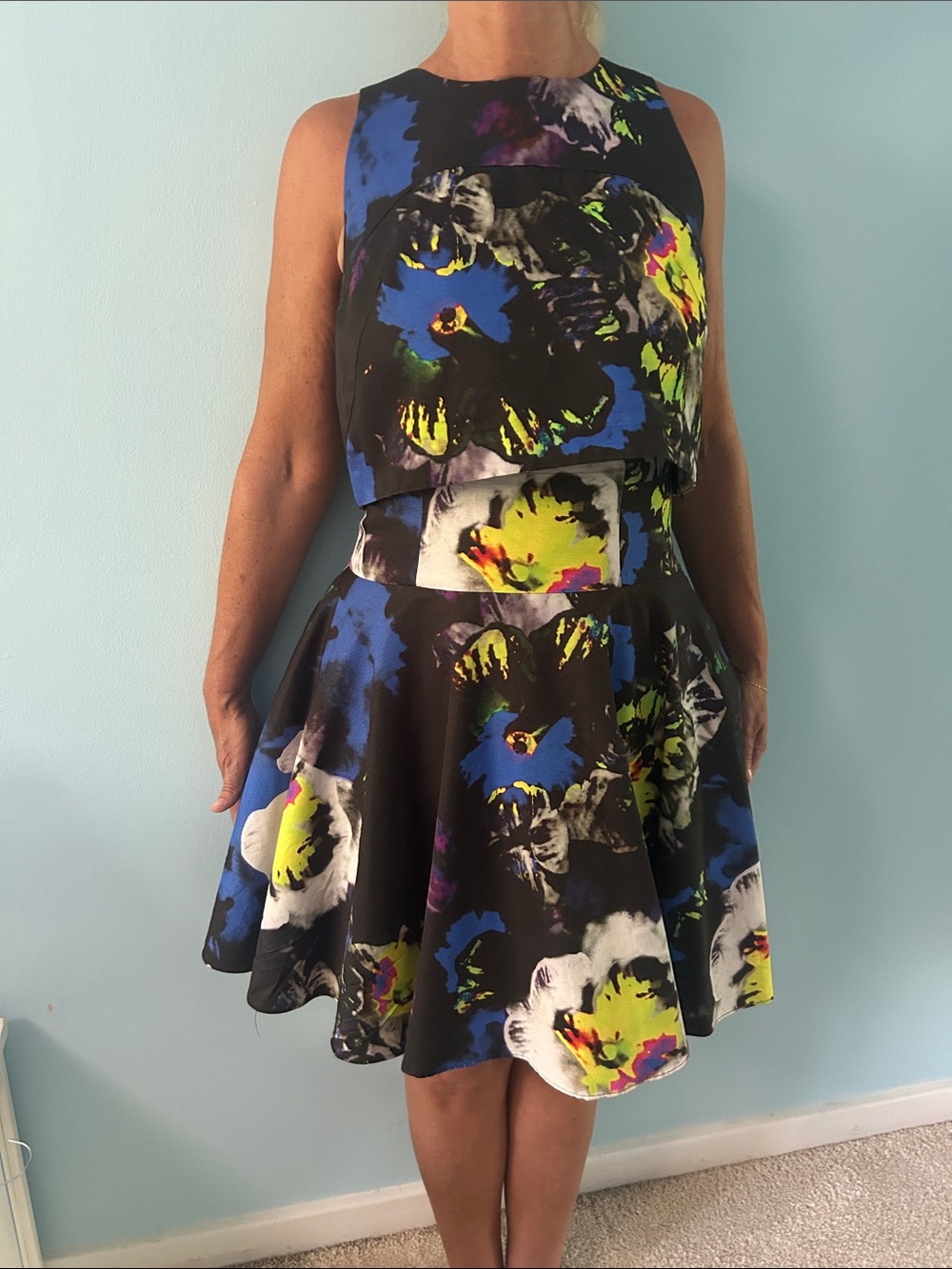 Milly Black Floral Fit-and-Flare Mini Dress with Blue, Yellow & Purple Accents